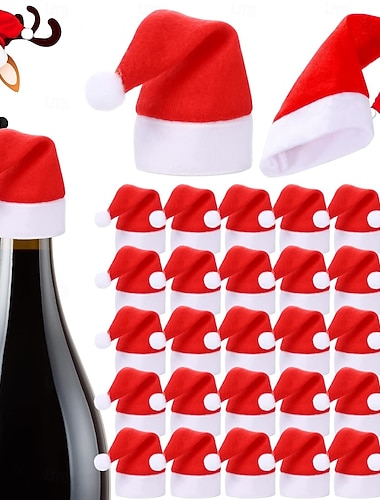  50 sztuk miniaturowych czapeczek Mikołaja do rękodzieła, małe czapeczki Mikołaja, miniaturowy uchwyt na butelkę wina, biało-czerwona czapeczka Mikołaja, świąteczne lizaki, nakładka na choinkę, stół
