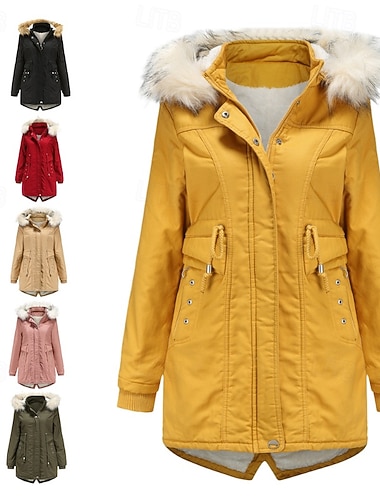  Női Télikabát Anorák Melegen tartani Kényelmes Fur Trim Cipzár Zseb Alkalmi Sima Vakáció Hétköznapi Hétköznapi viselet Alkalmi Hosszú Kapucni Normál Hosszú ujj Felsőruházat Fekete Sárga Arcpír