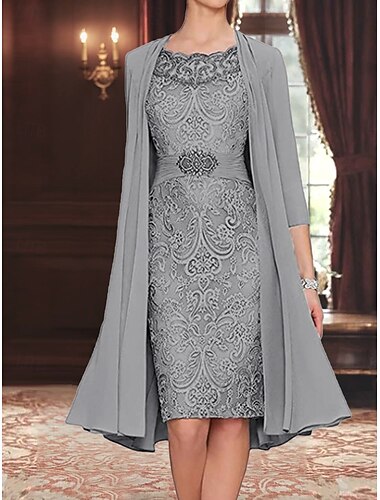  Kleid SeBrautmutter Kleid Elegantes Einfaches Rundhals Knielang Polyester Langarm mit Einfarbigem Abschlusskleid