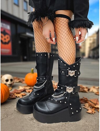  Gothic platform laarzen voor dames, halfhoge punk rock klinknagelketting, zwart-witte schoenen voor Halloweenfeesten, cosplay-kostuums, nachtclubkleding en gothic-mode