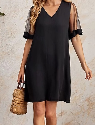  Damskie Sukienka midi Czarna sukienka Codzienne sukienki Sukienka koktajlowa Suknia Elegancja Moda Nowoczesny Codzienny Na zewnątrz Impreza Regularny Równina Krótki rękaw W serek Czarny Wiosna Zima