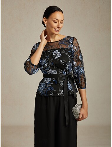  Dame Dressy topper Elegant 3/4 ermer Crew-hals Bryllupsgjest Aftenselskap Semi-formelt Broderi Illusjonsblonder Svart Vår Høst Vinter