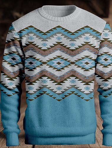  Jul Herre Fair Isle-genser Pullover genser Strikketøy Crewneck Fritid Feriereise Daglig 3D-utskrift Hold Varm Langermet Vår Høst Vinter Blå Oransje