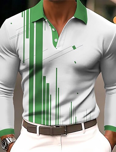  Herre Geometrisk Polo Langermet Poloskjorter Knaphul Business Casual treningsklær Dagligdagstøy 3D-utskrift Knapper Vår Høst Vinter Hvit Blå Grønn