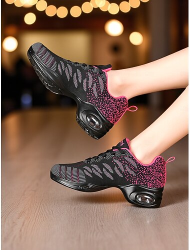  Zwarte gebreide jazzdanssneakers voor dames - lichtgewicht, ademende schoenen met gespleten zool voor hiphop en zumba & prestatie