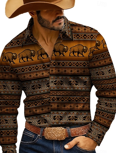  Herr Buffalo Plaid Cowboy Indisk kultur Skjorta Västerländsk skjorta Knapp upp skjorta Långärmad Vintage retro Utomhus Ledigt Arbetskläder Vår Höst Nedvikt 3D-utskrift krage skjortor Blå Brun Grön
