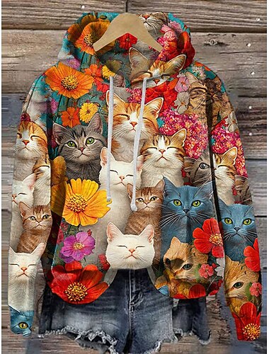  女性用 プルオーバー フーディー スウェットシャツ グラフィック 猫 あたたか ヴィンテージ ファッション 長袖 フード付き レギュラートップス ストリート 日常着 カジュアル パッチワーク プリント ルビーレッド パープル 春 秋 冬