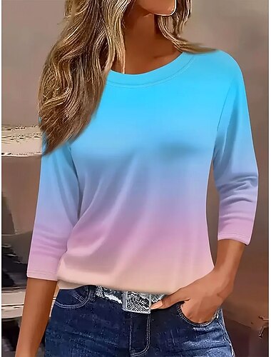  女性用 Tシャツ オンブル’ グラフィック 勾配 ヴィンテージ スタイリッシュ クラシック 長袖 クルーネック ラウンドネック レギュラートップス 日常 プリント ブルー 春 秋 冬