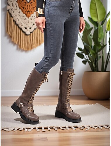  bottes noires à lacets jusqu'aux genoux pour femmes avec semelle épaisse et détail de sangle - élégantes et durables pour la mode décontractée ou urbaine