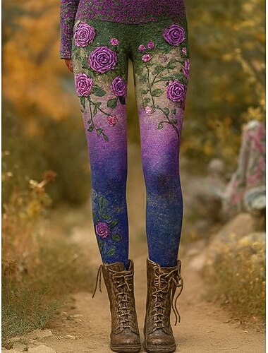  Per donna Leggings Vacanza Vintage Moda Lunghezza alla caviglia Vita Alta Floreale Grafico Foglia Stampa Calore Termico Morbido Traspirante Elasticizzato Vacanza Streetwear Violetto Viola Primavera