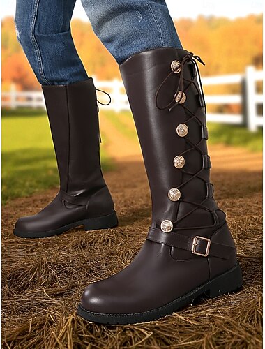  Bottes d'équitation en similicuir marron pour femme, montantes jusqu'aux genoux, à lacets, style équestre, avec bride à boucle et boutons décoratifs, pour les travaux agricoles, l'équitation et les activités d'automne en plein air