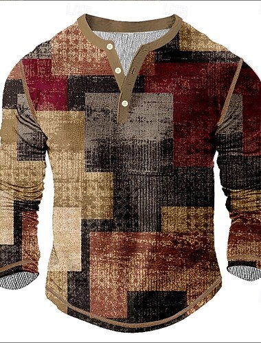  Homens Gráfico Geométrica Camisa Henley Camisetas Manga Longa Vintage Moda Designer Ao ar livre Casual Diário Primavera & Outono Todas as Estações Castanho Escuro Roxo Azul Escuro Henley Camiseta
