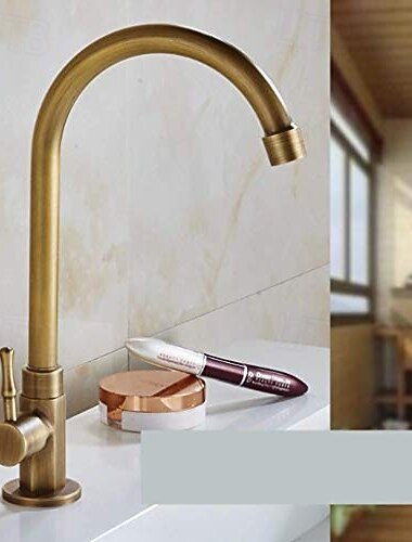  robinet d'évier de cuisine traditionnel eau froide uniquement, robinet de cuisine à poignée unique en laiton rétro bec standard galvanisé doré