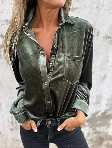  Γυναικεία Πουκάμισο Μπλούζα Σκέτο Μοντέρνα Μακρυμάνικο Κολάρο Πουκαμίσου Κανονικά μπλουζάκια Αργίες Εξόδου Τσέπη Κουμπιά Κρασί Πράσινο Χακί Ανοικτό Καφέ Βυσσινί Καλοκαίρι Άνοιξη Φθινόπωρο