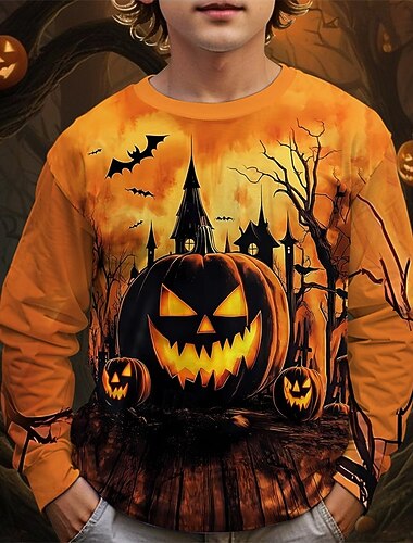  Víspera de Todos los Santos Chico 3D Calabaza Camiseta Manga Larga Primavera Otoño Moda Básico Niños 4-12 años Cuello Barco Exterior Casual Diario Ajuste regular