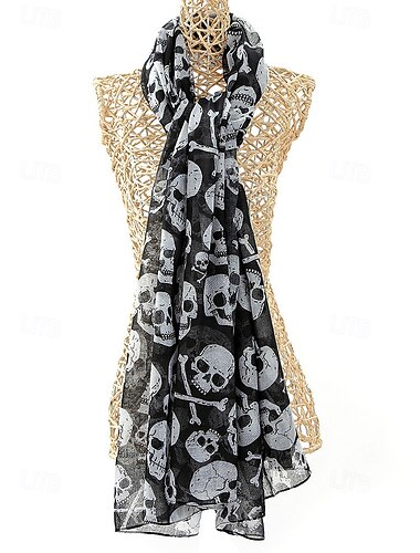  Halloween-sjaal met schedelprint voor dames – lichtgewicht sjaal in gotische stijl voor kostuumfeesten, cosplay en herfstoutfits