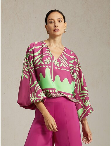  Naisten toppi kirkas fuksianpunainen satiini lyhty pitkähihainen v-aukkoinen merenranta loma rento päivittäin kevät kesä syksy