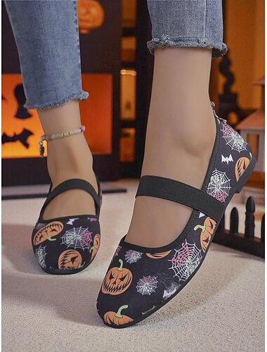  scarpe basse Mary Jane da donna per Halloween – scarpe casual con stampa di zucca e ragnatela e cinturino elastico per feste, festival e costumi