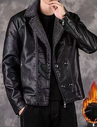  Homme Veste en Similicuir Veste en Polaire Veste moto Blouson de Moto Vacances Quotidien Coupe-vent Chaud Avec Poches Automne Hiver Uni Mode Classique Revers Régulier Noir Vin Veste