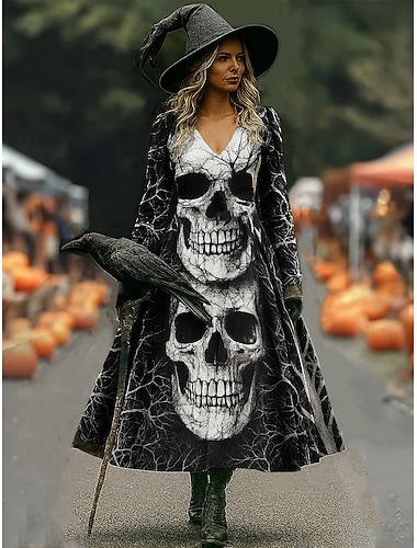  Halloween Per donna Abito maxi Abito a trapezio Vacanza Casual Boho Spiaggia Vestibilità regolare Grafico Teschio Toro Manica Lunga Scollo a V Nero Vino Grigio scuro Primavera Autunno