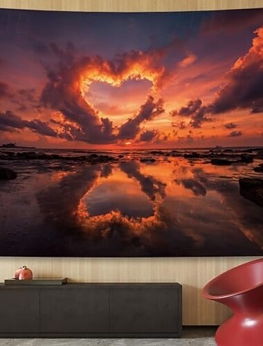  美しい海、ピンクの夕日、ハート型の雲の風景、吊り下げタペストリー、壁アート、大きなタペストリー、壁画、装飾、写真の背景、ブランケット、カーテン、家の寝室、リビングルームの装飾