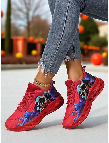  Dames sneakers met schedelprint – gothic Halloween casual hardloopschoenen voor feesten, streetwear en festivals