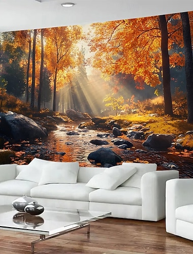  höstskog vattenfall hängande gobeläng väggkonst stor naturskön väggmålning filt gardin fotografi bakgrund för hem sovrum vardagsrum kontor väggdekoration