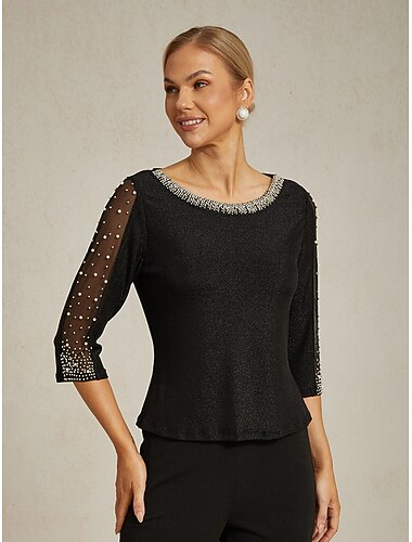  Dame Dressy topper Elegant Daglig damer 3/4 ermer Crew-hals Vanlige topper Bryllupsgjest Festkveldsklær Semi-formelt Perler Metallisk Illusjon Svart Vår Høst Vinter