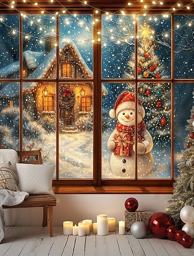  Kerst Wandschilderijen Achtergrond Gezellige Raamscène met Sneeuwman 2025 Kerst Winterboom en Lichtjes Feestelijke Vakantie Wanddecoratie voor Slaapkamer Woonkamer