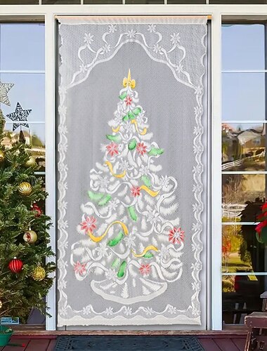  וילון תחרה לחג המולד עם עץ צבעוני &וילונות חצי האפלה עם כיס מוט לחג, איש שלג, לקישוט הבית