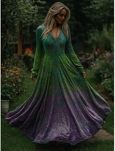  Karácsony Női Maxiruha Rakott ruha Buli Alkalmi Boho Napi Randi Alkalmi Normál Ombre Karácsonyfa Hosszú ujj V-alakú Medence Rubin Bíbor Lóhere Tavasz Ősz Tél