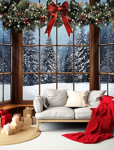  Vánoční závěsná tapiserie zasněžená okenní scéna vánoční věnec velké nástěnné umění nástěnná malba dekorace deka záclona dovolená domov ložnice obývací pokoj slavnostní párty dekorace