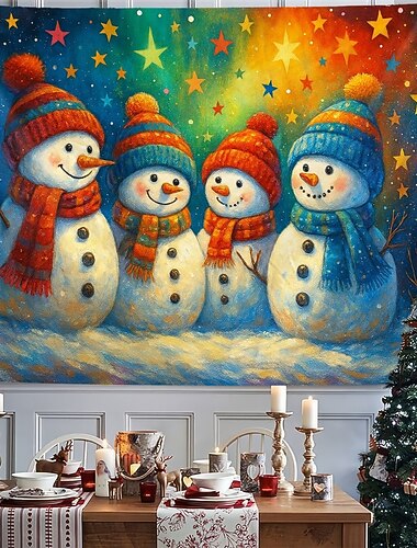  Tapeçaria de Natal de Parede Colorida Família de Bonecos de Neve com Cachecóis e Chapéus 2025 Tapeçaria de Natal Inverno para Decoração de Quarto Sala de Estar