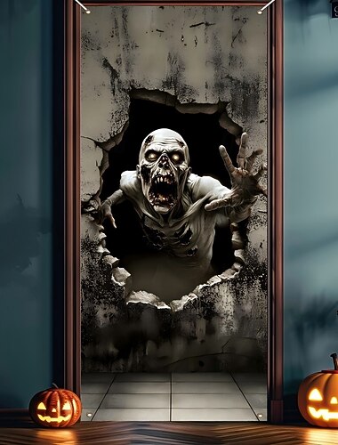  Halloween dörrskydd svartvita dödskalle gobeläng dörrgardin dekoration, kuslig skräckbakgrund dörrbanderoll för ytterdörr hemsökt hus inomhus utomhus festdekor