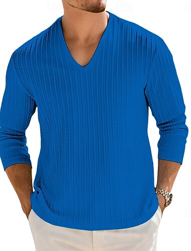  Per uomo T-shirt da uomo in maglia a costine con scollo a V Maglietta a Maglia a Coste Maglietta Manica Lunga Scollo a V Estate Primavera Autunno Tinta unica Semplice Jacquard Moderno Casual