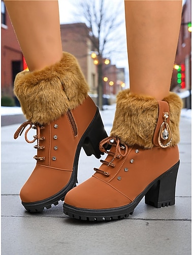 Botas femininas de couro sintético marrom com punho de pele e salto grosso – botas quentes de inverno com cadarço e detalhes de strass para mulheres, perfeitas para uso ao ar livre, casual e de férias   Botas femininas de couro sintético marrom com punho de pele e salto grosso – botas quentes de inverno com cadarço e detalhes de strass para mulheres, perfeitas para uso ao ar livre, casual e de férias