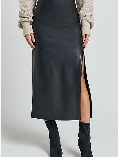  Dame الالتفاف Kroppstett Kjole Mote Midi Høy Midje Skjørt عادي Slitte tupper Mikroelastisk Gate Daglig Svart Brun Beige Vår Polyester Imitert Lær