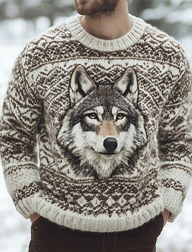  Hombre Lobo Suéter Fair Isle Suéter de punto Prendas de punto Cuello redondo Casual Vacaciones Diario Impresión 3D Mantiene abrigado Manga Larga Primavera Otoño Invierno Marrón