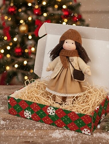  Păpușă Waldorf lucrată manual pentru fetițe cu haine călduroase - Păpușă moale din pluș de 11,8 inch cu cutie cadou pentru cei mici Cadouri ideale de Crăciun pentru nepoți și fetițe