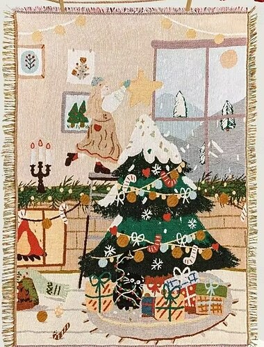  Manta de Navidad Americana Vintage de Caricatura Multifunacional de Algodón Grueso con Hilo Dorado Manta Decorativa Manta de Textil para Sofá