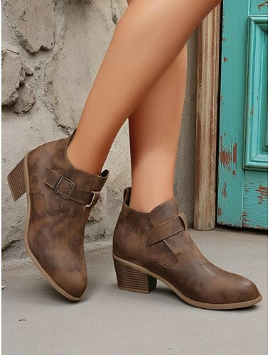 Damskie botki z paskiem ze sprzączką i obcasem blokowym, w swobodnym stylu vintage, idealne na jesień i codzienne stylizacje