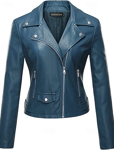  Γυναικεία Jeci Piele Μπουφάν Biker Διατηρείτε Ζεστό Άνετο Φερμουάρ Τσέπη Καθημερινό Συμπαγές Χρώμα Διακοπές Δρόμος Causal Καθημερινά Ρούχα Κοντό Απορρίπτω Κανονικό Μακρυμάνικο Εξωτερικά ενδύματα