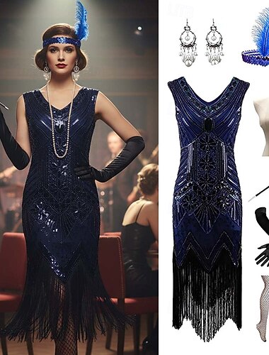  Retro Vintage Goldene Zwanziger 1920er Midlänge Flapper Kleid Kleid Ausgefallene Kostüme Übergröße Der große Gatsby Charleston Pailletten Quastenfransen Feder Kostüm Damen Halloween Karneval Neujahr