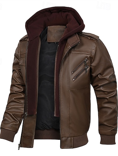  Herren Kunstlederjacke Fleecejacke Bikerjacke Motorradjacke Urlaub Täglich Winddicht Warm Tasche Winter Einfach Mode Klassisch Mit Kapuze Regulär Schwarz Braun Jacken
