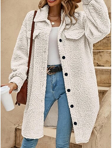  Damen Wintermantel Fleecejacke Bequem Atmungsaktiv Tasche Knöpfe Lässig Einfach Urlaub Straße Lässig Alltagskleidung Einreihig Lang Umlegekragen Normale Passform Langarm Oberbekleidung Weiß Khaki