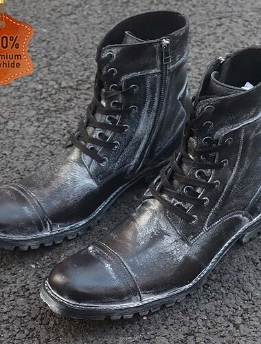  Men's Black Cowhide Combat Boots – Durable Lace-Up Military Style Leather Footwear for Outdoor Hiking, Motorcycle Riding and Casual Streetwear