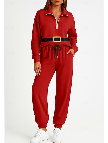  Navidad Mujer Sudadera Tracksuit Chándal de 2 piezas Correa Cerrar Geométrico Trajes de Yoga Otoño Rojo Vocación Al Aire Libre Viaje Ligero Moda Manga Larga Deporte Ropa de Deporte Elástico Ajuste