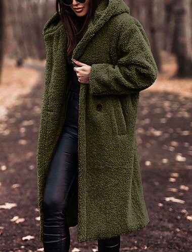  Damen Wintermantel Fleecejacke Warm Bequem Tasche Knöpfe Mode Lässig Einfach Urlaub Straße Lässig Alltagskleidung Einreihig Lang Mit Kapuze Normale Passform Langarm Oberbekleidung Armeegrün Herbst