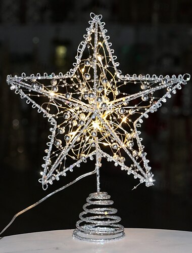  Juletretopp med stjerne og LED-lys til jul, glitterjern med femkantet stjernepynt, hengende juletrepynt, festlig julegave til borddekorasjon til hjemmet