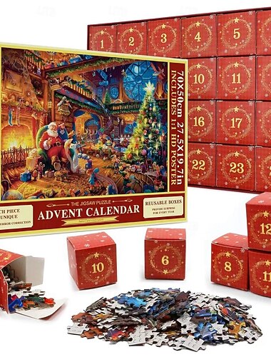  Kalendarz adwentowy z puzzlami 2025 dla dorosłych i dzieci, świąteczne puzzle, kalendarze odliczające 24 dni dla chłopców, dziewcząt i nastolatków, 1008 elementów, zimowe, świąteczne, zabytkowe puzzle, prezent, dekoracja